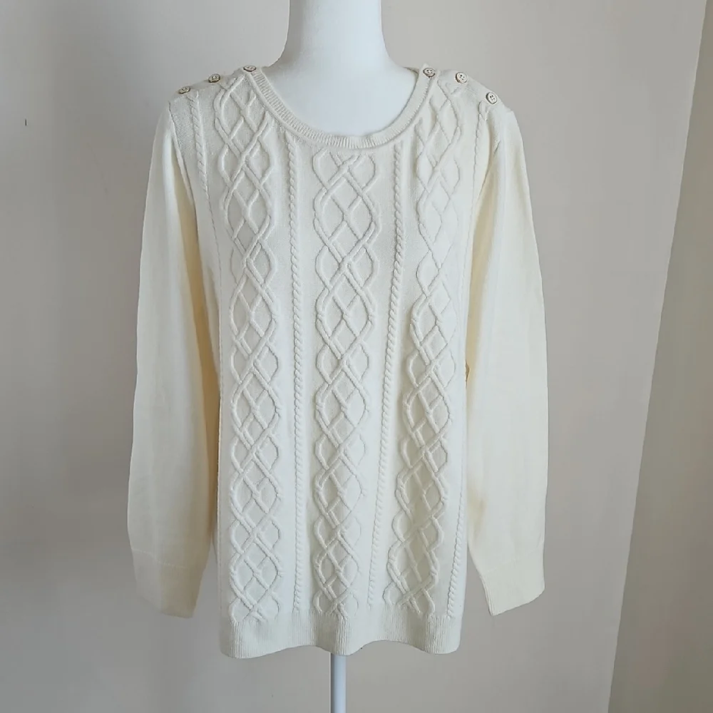 Talbots Cable Knit Sweater Cream Button Shouders 30% Lambswool 2X Soft Neutral